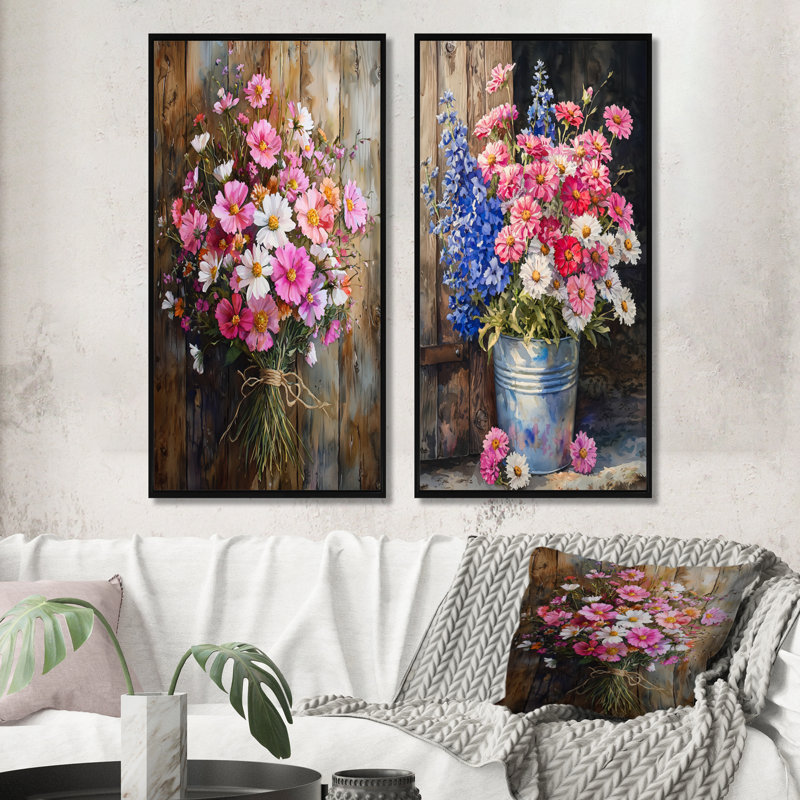 Décoration de jardin sauvage charme de bouquets assortis I - Collection murale 2 panneaux floraux, H 28 po x l 25 po