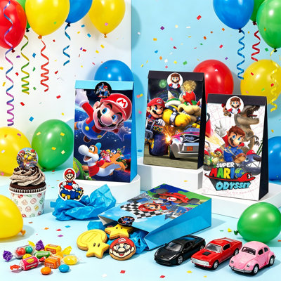 Super Mario Party Favor Bags with Stickers – 12 Super Mario Candy Bags + 18 Round Stickers, 21×12cm Loot Bags for Mushroom Kingdom Birthday Party Supplies Goodie Bags Mario Gift Bags for Kids
