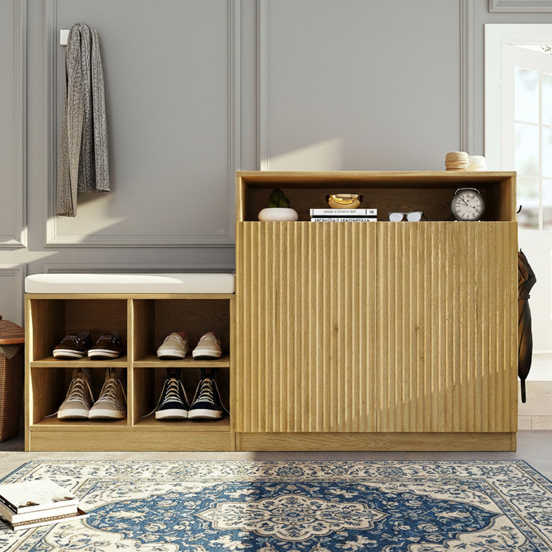 3-Tier Adjustable Shelves Shoe Cabinet With Bench And Removeble Cushion And Hooks, Natural