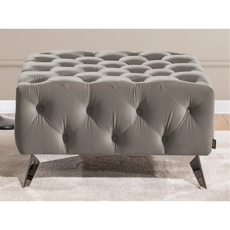 Whitby 80cm Wide Velvet Tufted Square No Pattern Footstool Ottoman, Chrome, Grey