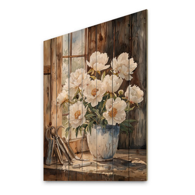 Pivoines dans la remise laitière I - Décoration murale en bois de pivoines - sur bois de pin naturel