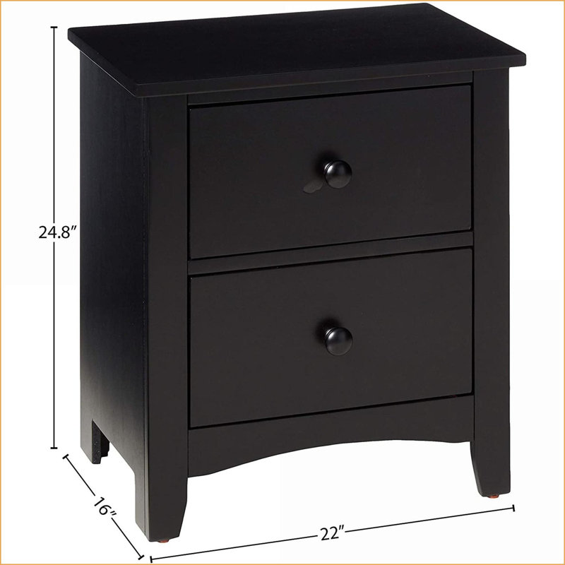 Table de chevet 2 tiroirs moderne noir avec placage de pin et panneau de fibres à densité moyenne
