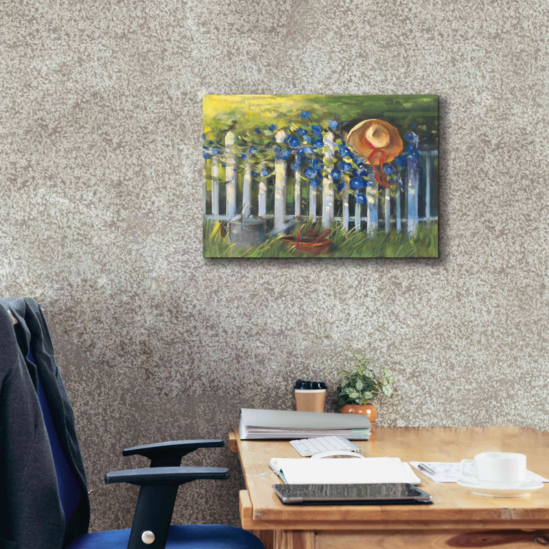 Aaraya Morning Glories On The Fence On Canvas par Carol Rowan, reproduction, H 18 po x l 26 po x P 0,75 po