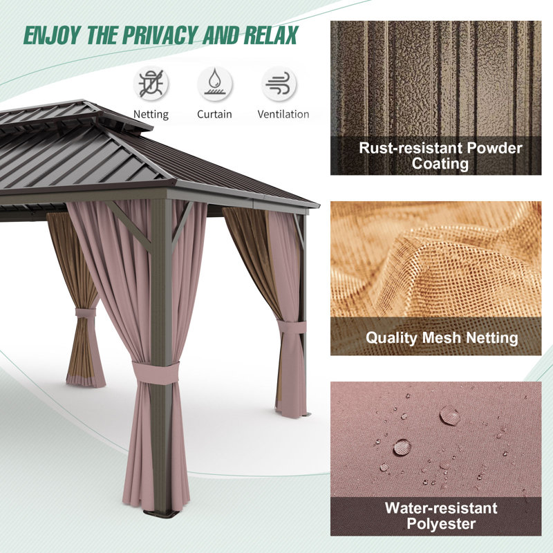 Extra Large Brown Metal Patio Gazebo with Dual Track Curtains