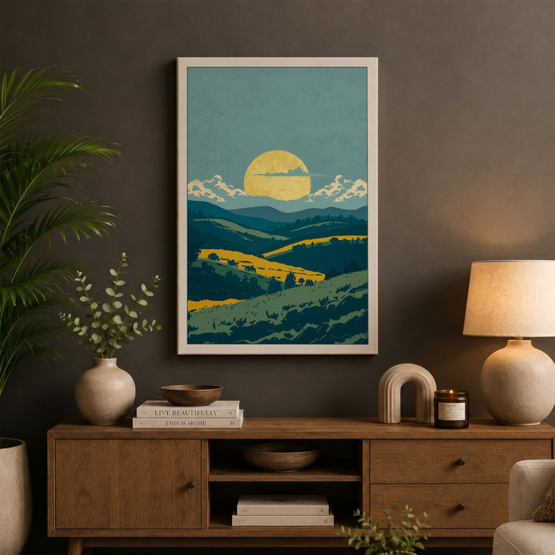Golden Sun Over Fields Minimalist 1 Piece Wrapped Canvas Wall Art, 18x12 - 45.7 x 30.5 cm, Teal Border