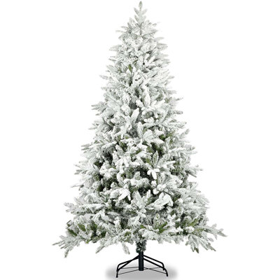 7FT Unlit Snow Flocked Artificial Hinged Christmas Tree With White Realistic Tips