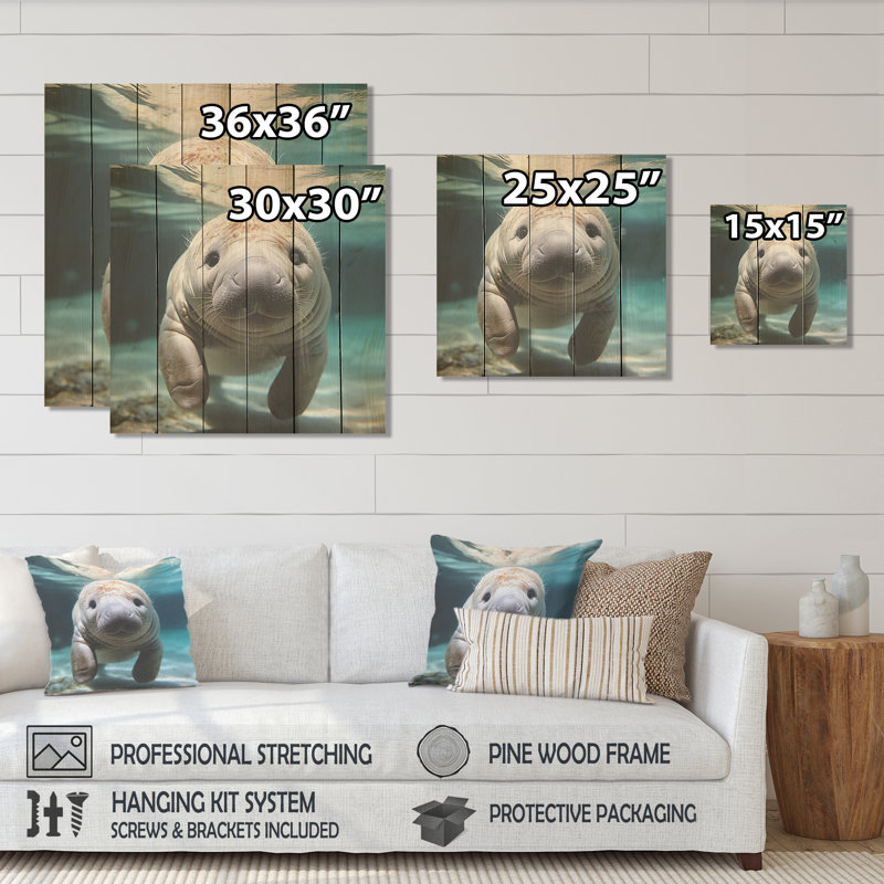 Curious Manatee Gaze III - Lamantin sur bois, H 15 po x l 15 po