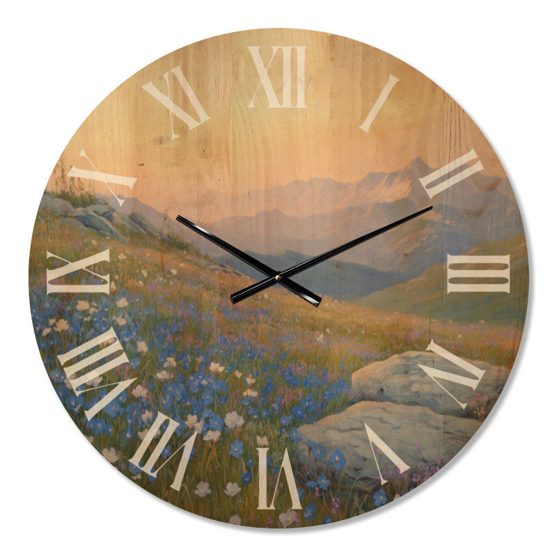 Horloge murale ronde Alpine Morning Meadow - Cottage Bleu, imprimée sur bois, Grand