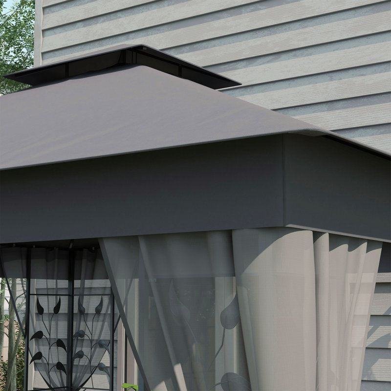 10' X 11.5' Metal Patio Gazebo, Double Roof Outdoor Gazebo Canopy Shelter With Tree Motifs Corner Frame And Netting, For Garden, Lawn, Backyard, And Deck, Gray
