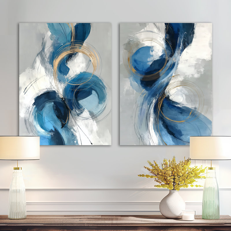 Tourbillon abstrait dans des tons bleus et blancs II - ensemble de 2 reproductions d'art mural en métal, 32" H x 48" W