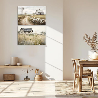 Barn Wall Art 2 Piece Rustic Farmhouse Picture Print On Canvas Beautiful Field Wildflower Windmill Painting Framed For Bathroom Bedroom Living Room Office Wall Decor(Artwork-5,12"X16"X2pcs)