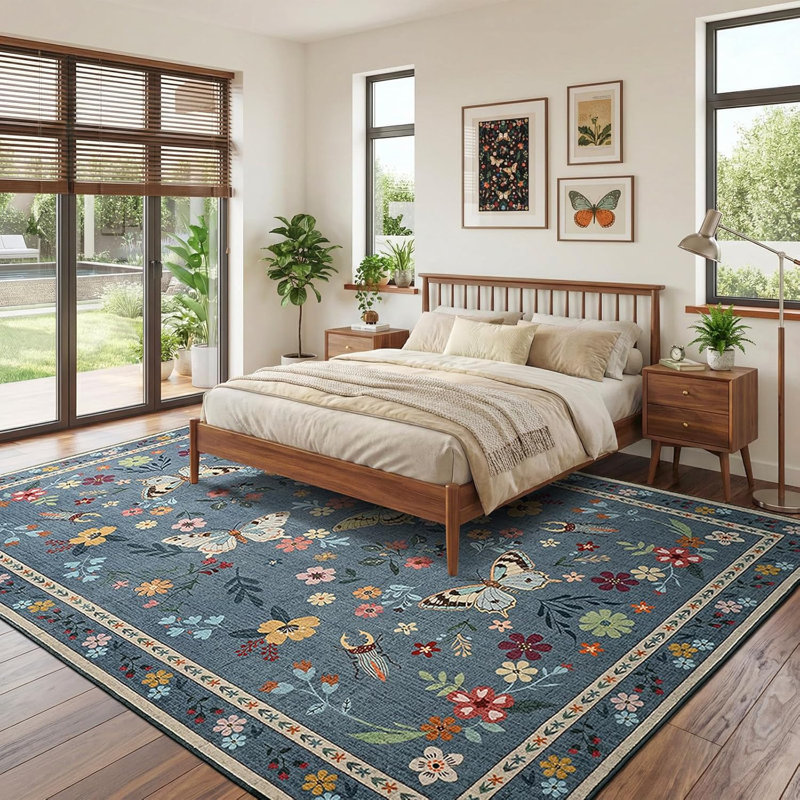 Tapis à motif papillon et insecte, Blue, Rectangulaire 8 pi x 10 pi