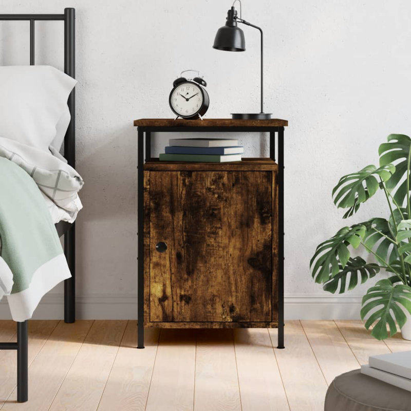 Cyndra 40cm W Iron Bedside Table, Smoked Oak