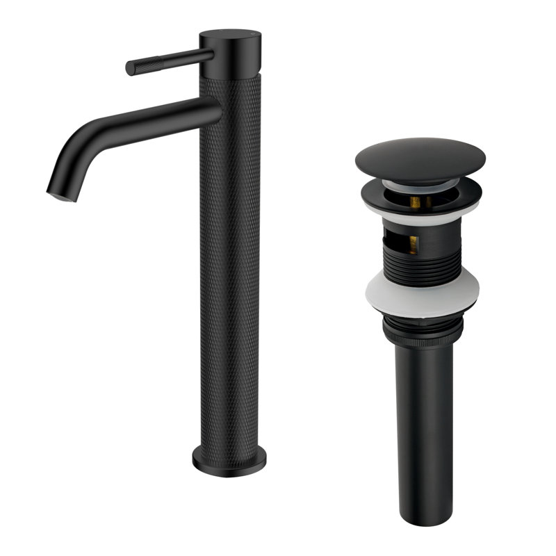 Elevated Modern Single - Handle Bathroom Faucet Featuring Geometric Cut Decor, BLACK, 12.4