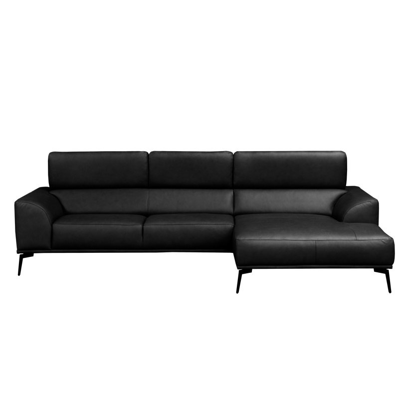 Blagovesta Genuine Semi-Aniline Leather Corner Sofa with Upholstered Frame, Right Hand Facing, Black