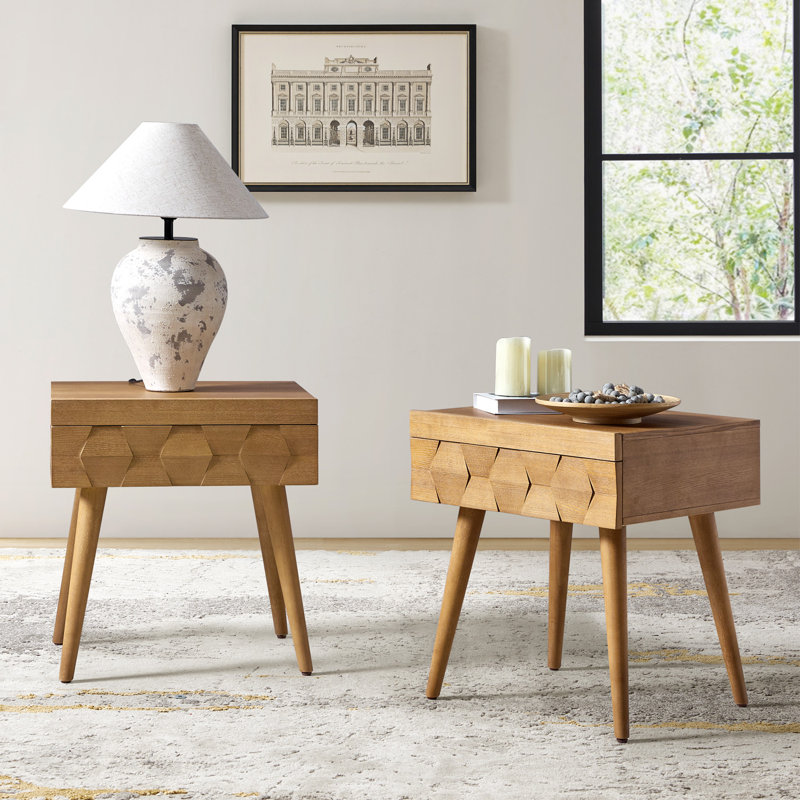 Sara Mid-Century Modern Nightstand With Pull-Out Shelf and Built-in Charging Station Set of 2, Seadrift