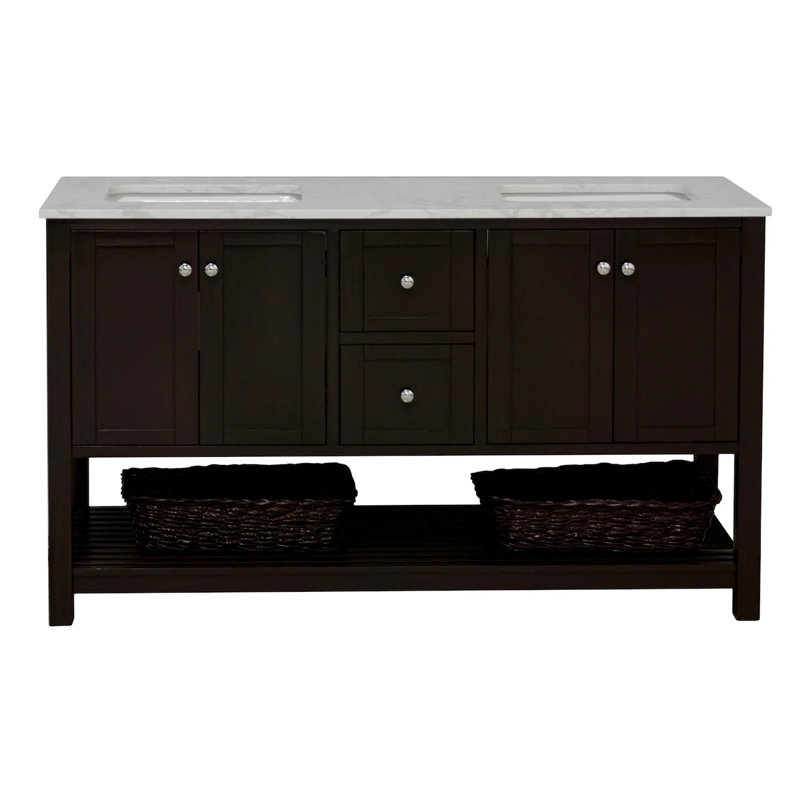 Ensemble de meuble-lavabo double 60 po Binne, Chocolat, Carrara d'ingénierie