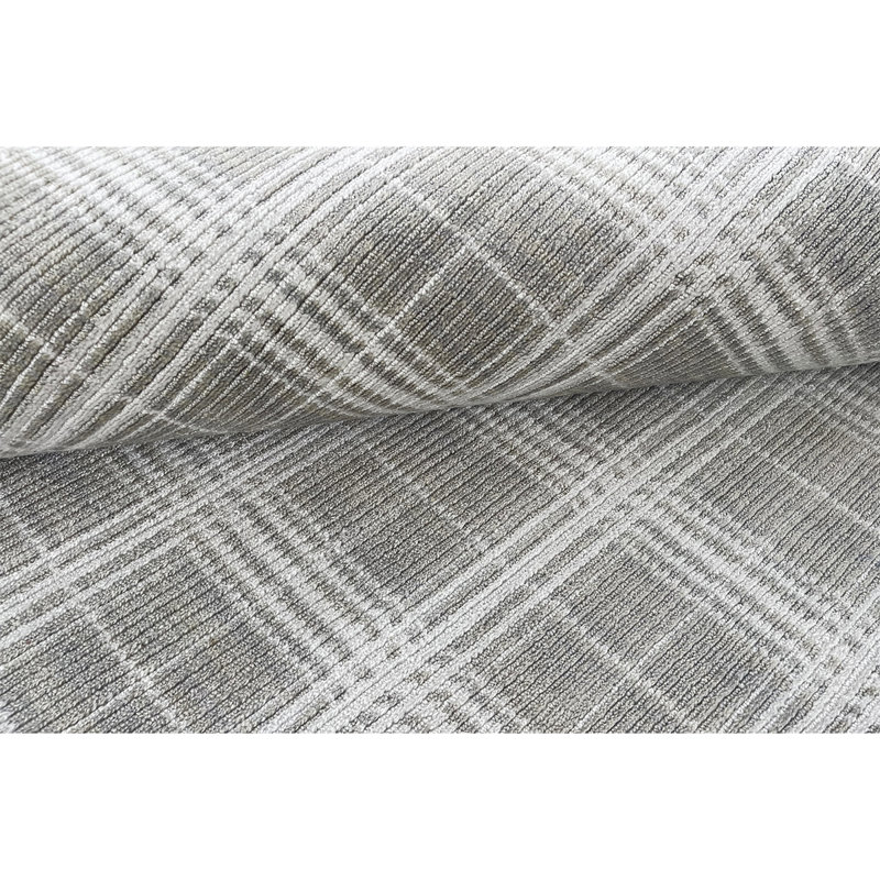 Hand Knotted Plaid Area Rug in Gray/White, Rectangle 8' x 10'