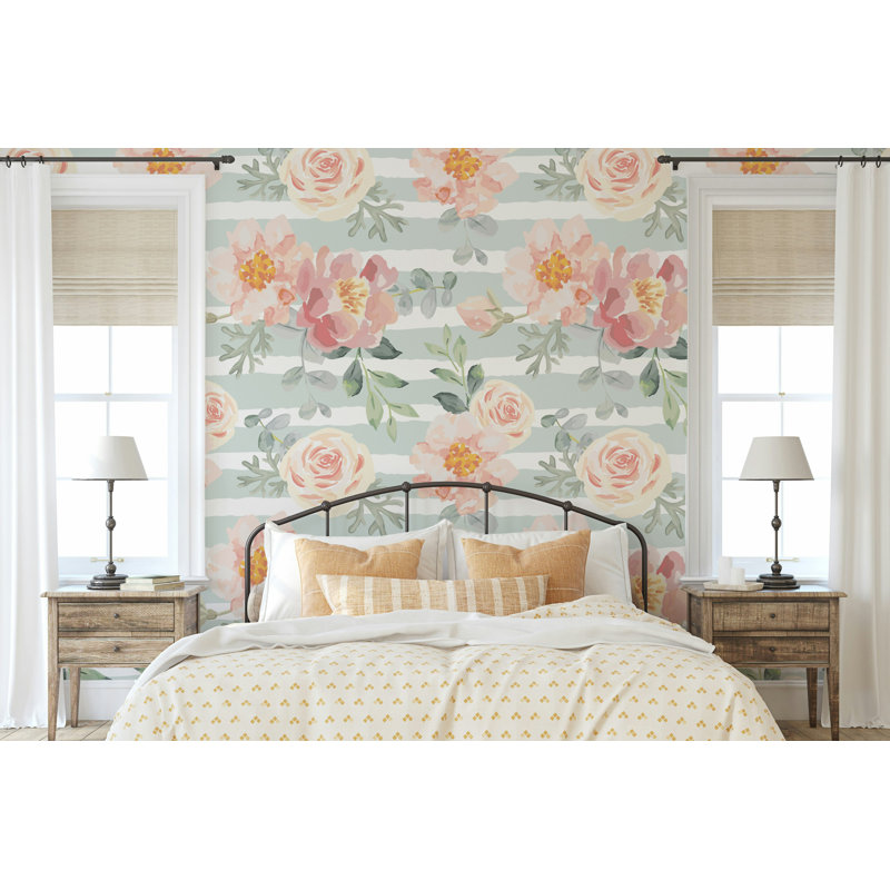 Papier peint amovible avec fleurs de pivoines roses pâles et feuilles grises, L 98,04 po x l 150 po