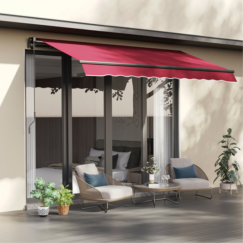 10' X 8' Retractable Balcony Awning - Red. & Water . Aluminum. Manual Crank. Deck, Yard Compatible. Multi-surface Mount. Adjustable Heat Reducing Patio Sunshade Red With Reduction. Crank, Aluminum