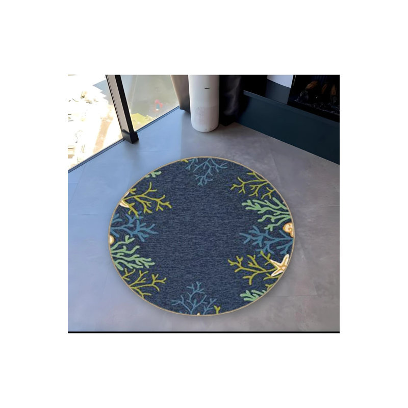 Blue Green Coral Detailed Woven Base Modern Decorative Carpet, Round 3'4"