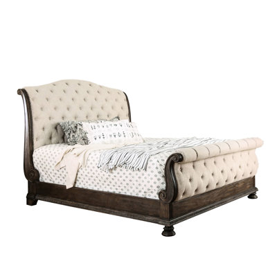 Eastern King Size Bed - Beige Fabric, Headboard And , Modern Rustic Natural Tone, Solid Wood Contemporary In Style, Transitional Wood,