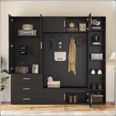 American Style 4-in-1 Hall Tree with Padded Bench and Adjustable Shelves