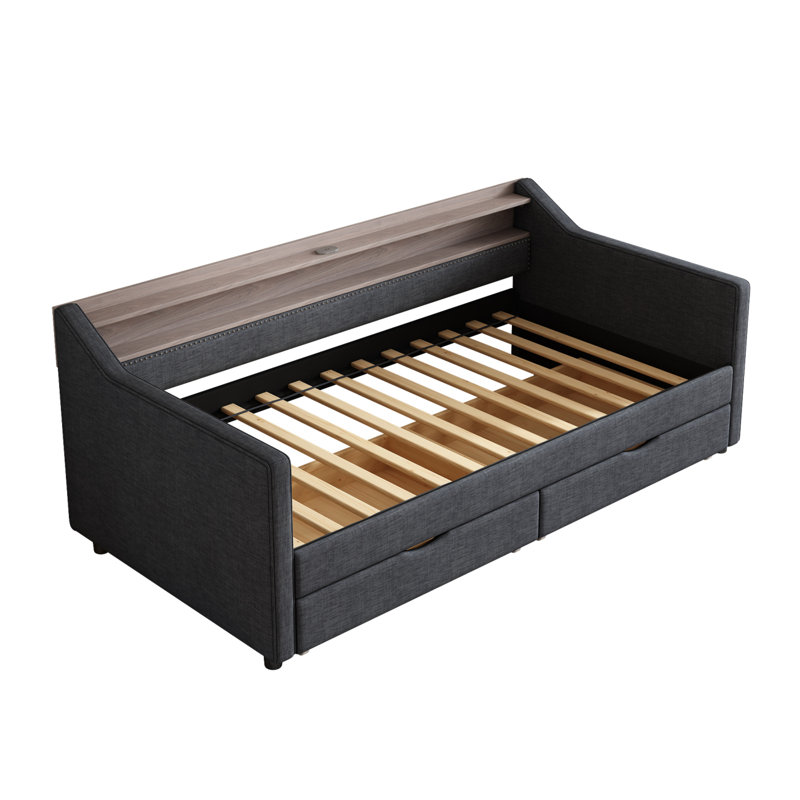 Vadys Daybed With 2 Drawers, 2-tier Shelf, Usb Ports And Led Light, Dark Gray