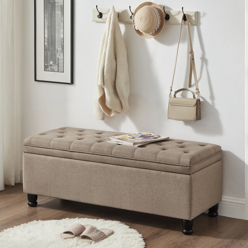 Banc de rangement rembourré capitonné à boutons, banc d'entrée en tissu de lin avec pieds en bois à broche, banc de lit, Lin