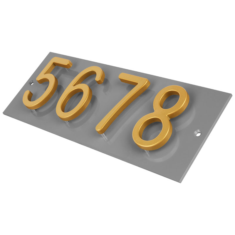 Plaque d'adresse horizontale flottante en aluminium Royal Shade - 4 chiffres personnalisés, Doré, Gris, Oui