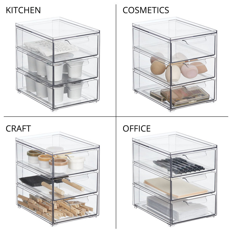 3-Drawer Stackable Organizer - Pull-Out Sliding Storage Drawers for Kitchen or Pantry - Clear