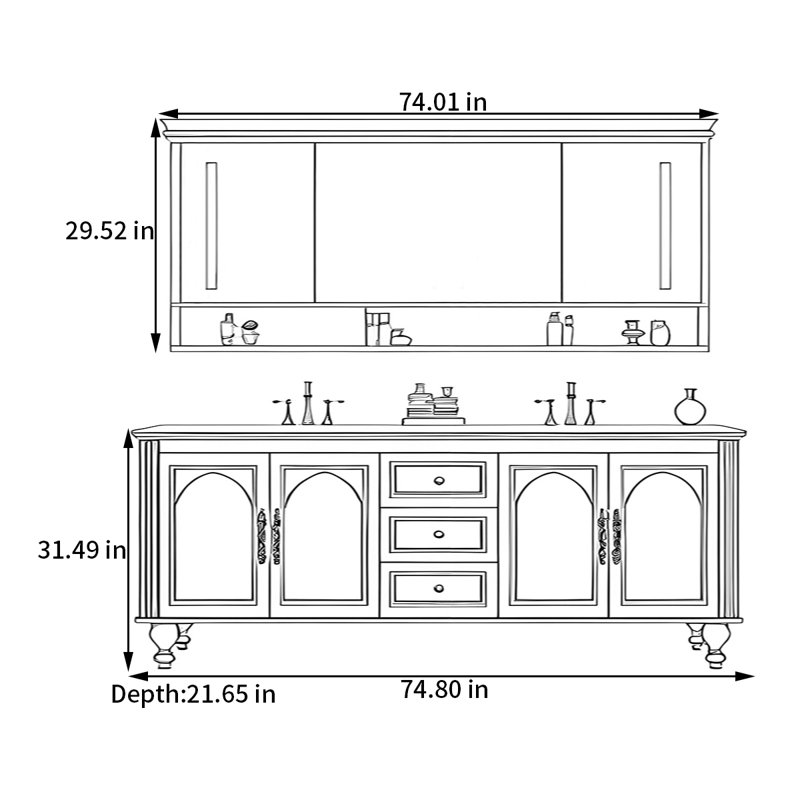 Armoire de salle de bain française, H 31,49 po x l 74,8 po x P 21,65 po