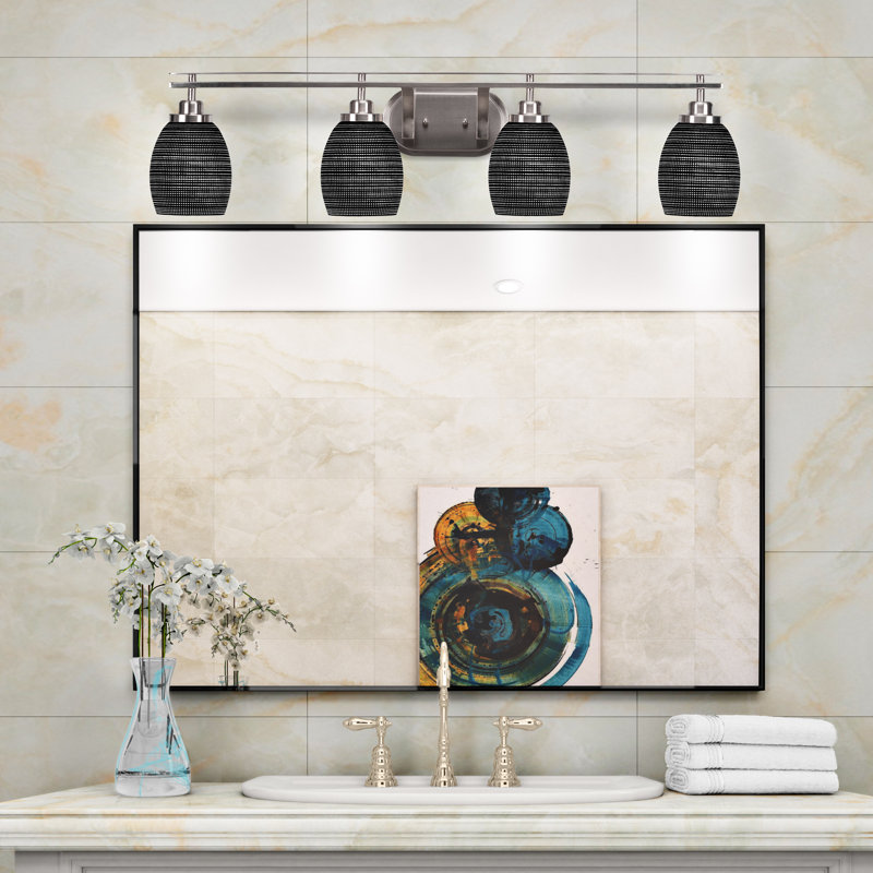 Barre d'éclairage de salle de bain 4 lumières avec verre matriciel gris 5 po Afred, Nickel brossé, Gris