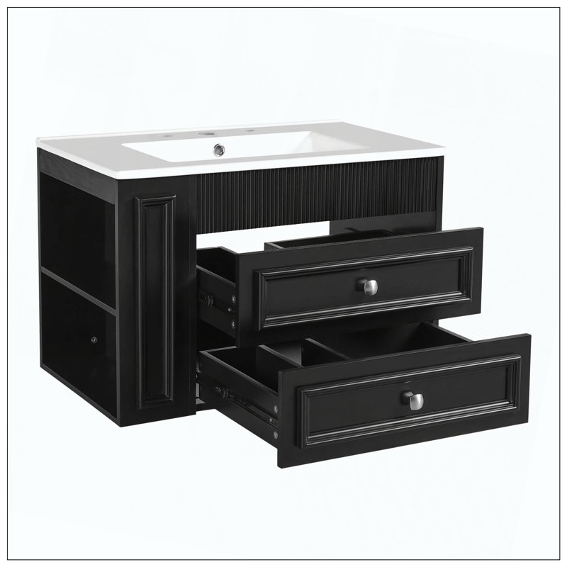 Meuble-lavabo mural en céramique avec 3 trous et tiroirs de rangement, Noir