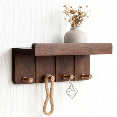 Wall Mount Key Holder With Shelf And 4 Hooks, Compact Decorative Organizer For Keys, Mail, And Essentials, Modern Farmhouse Home Decor