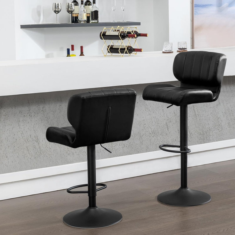 Briance Swivel Upholstered and Faux Leather Adjustable Height Bar Stool with Iron Frame, Black