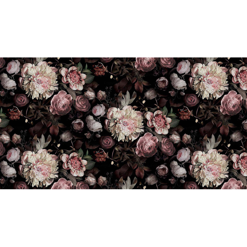Papier peint romantique noir avec fleurs luxueuses, L 110,04 po x l 204 po