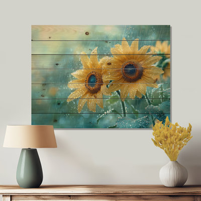 Rain Washed Sunflowers I - Sunflowers Wood Wall Art - On Natural Pine Wood