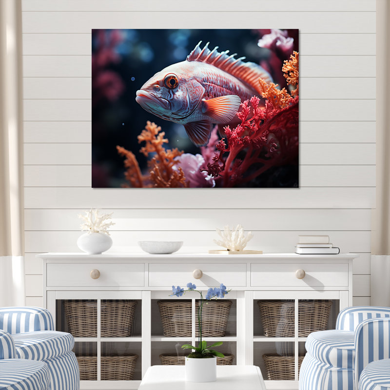 «Purple Fish Dance In Coral I» sur toile, Toile tendue, H 16 po x l 32 po x P 1 po