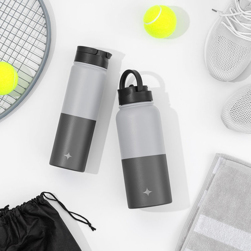 Bouteille d'eau triple isolée JoyJolt avec couvercle rabattable et couvercle en paille de sport, 22 oz, 22 oz., Gris/noir