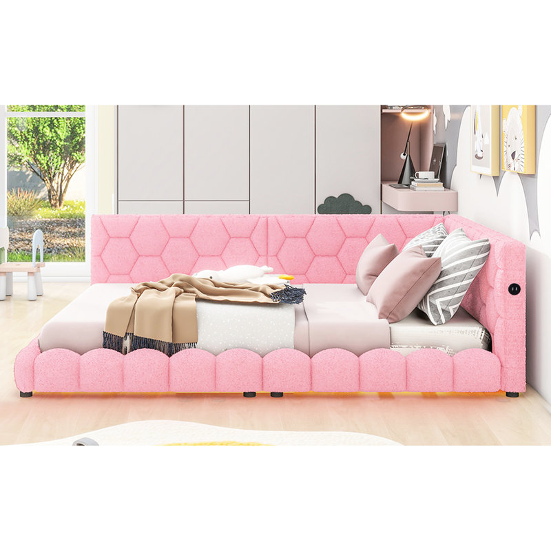 Lit plateforme double rembourré avec et DEL, bois de rose +, aucun sommier nécessaire, guide d'assemblage rapide, ceinture à DEL, fabrication solide des lattes de matelas solides, méthode simple