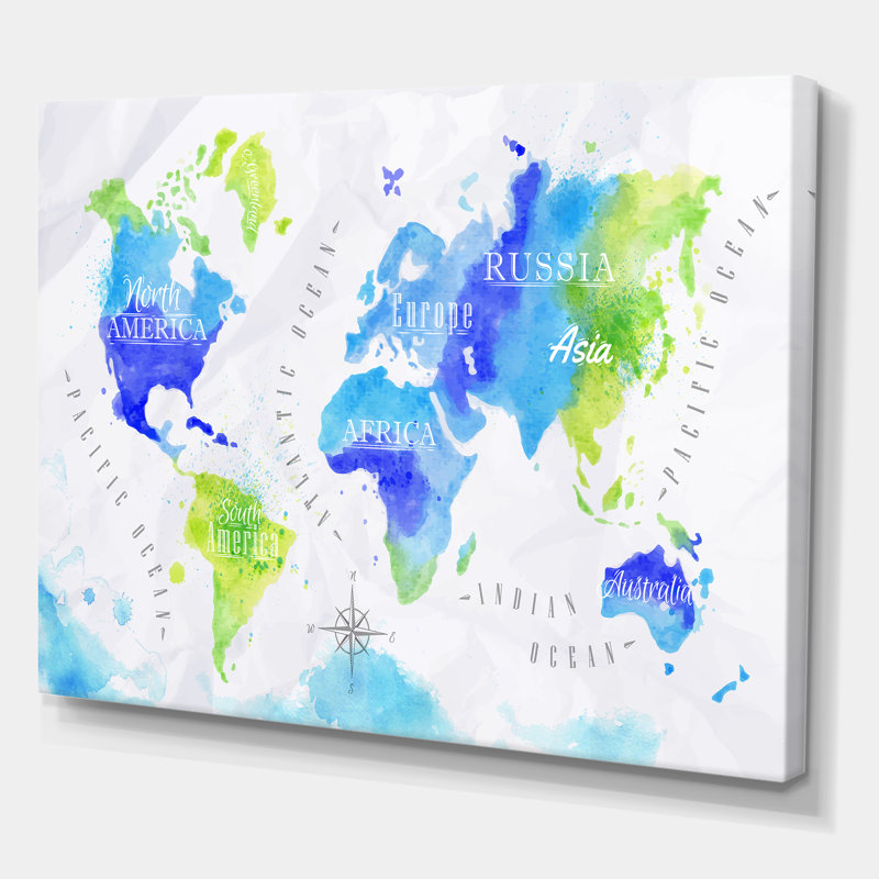 Carte du monde en vert et bleu - Impression sur toile, H 24 po x l 32 po x P 1 po, Toile tendue