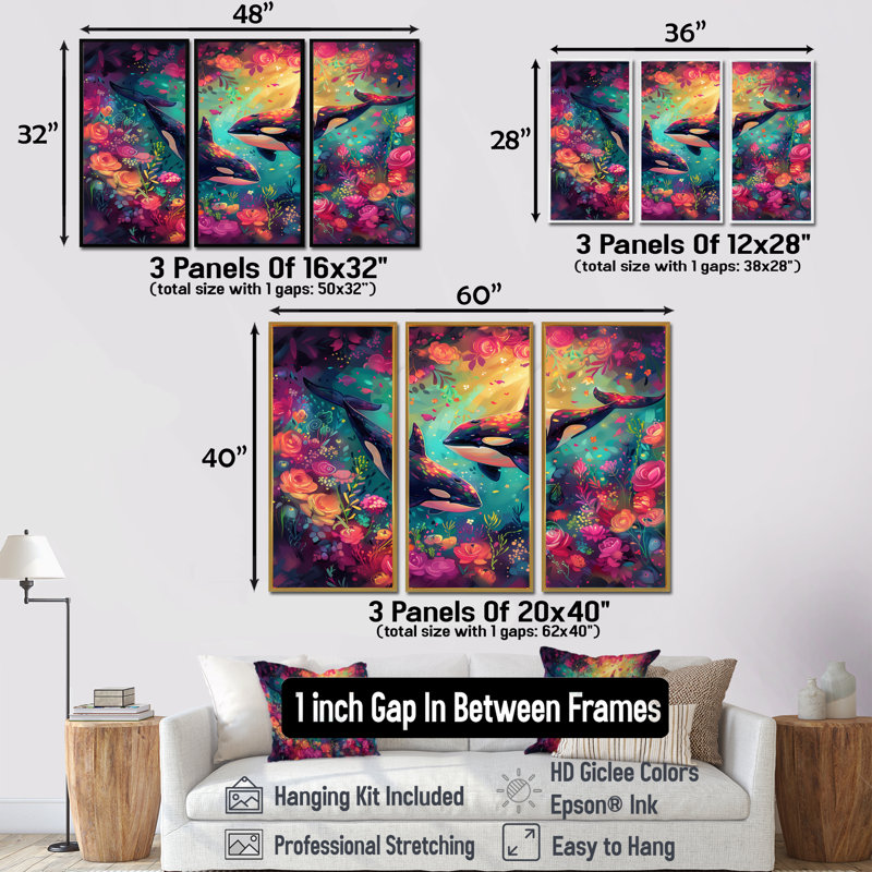 Alyshea - ensemble de reproductions d'art mural baleine, H 28 po x l 36 po x P 1 po, Toile avec cadre flottant noir