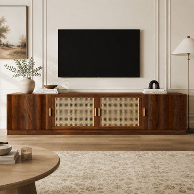 Meuble télé 78 po Mid-Century pour téléviseur de 85 po ou moins, console multimédia à porte cannelée en rotin avec tablettes réglables et trous pour câbles, centre de divertissement rétro pour la chambre à coucher du salon