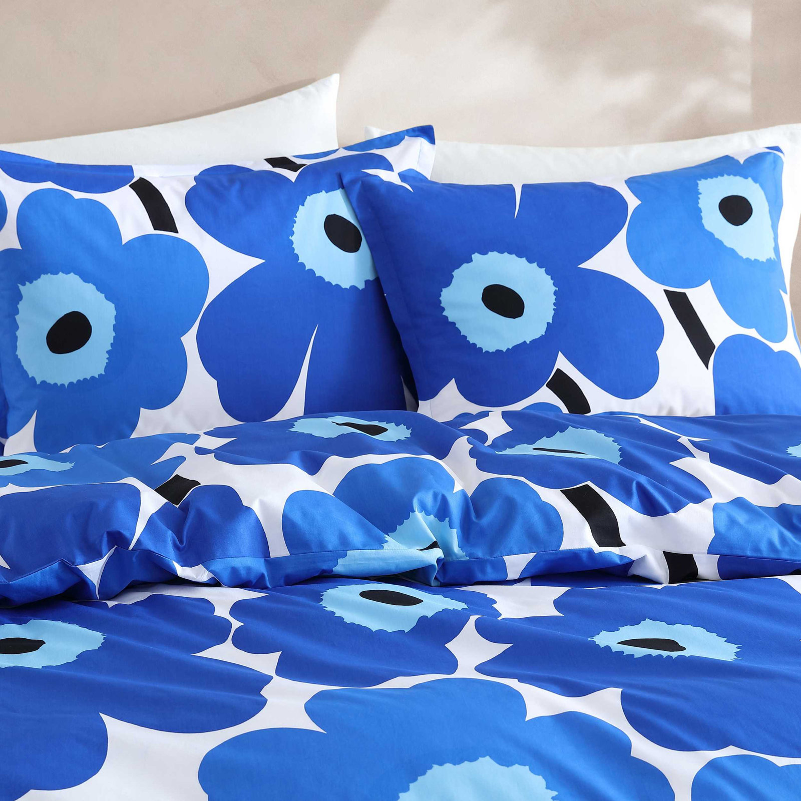 Marimekko Unikko Blue Cotton Reversible Comforter Set, Queen Comforter + 2 Standard Shams