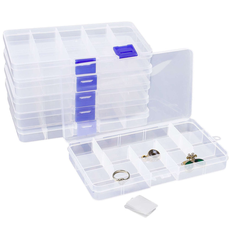 Paquet de 6 petits pots de rangement en plastique avec grilles transparentes et diviseurs réglables pour bijoux, perles et artisanat d'art