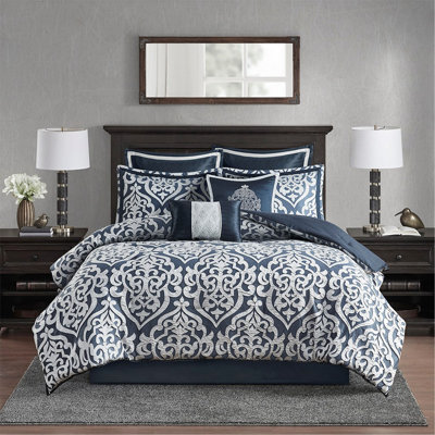 Ensemble d'édredon 8 pièces jacquard bleu marine / argenté