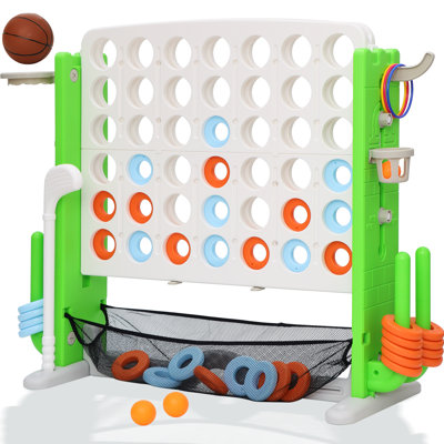 Jumbo 4-To-Score Connect Game Set: Height-Adjustable Yard Game With Golf, Basketball Hoop, Ring Toss & Mesh Bag For Kids & Adults, White Green