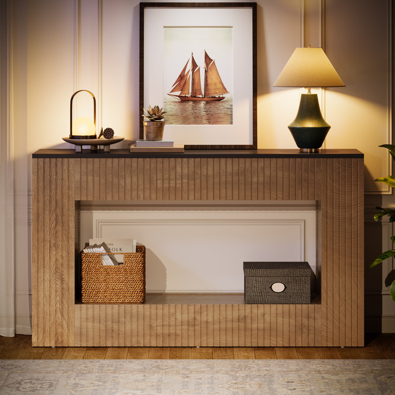 Console de rangement en bois manufacturé, Noir, Marron clair