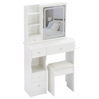 Table de coiffeuse compacte avec miroir à DEL et prises de courant - Petite coiffeuse avec tabouret, charge USB et support pour sèche-cheveux
